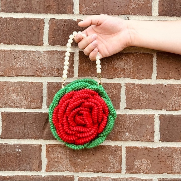 Hand Crocheted Red & Green Rose Purse